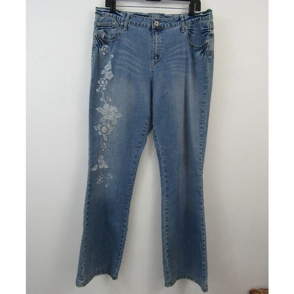 L.A. Blues Size 16 Medium Blue Denim Jeans Floral Embroidery Dazzled Bootcut - Picture 1 of 7